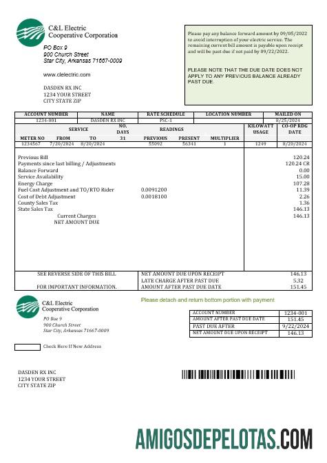 Para baixar modelo de conta de serviços públicos da USA Arkansas C & L Electric Cooperative Corporation em formatos Word e PDF